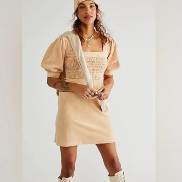 Free People Moon Flower Mini Dress Small Corduroy Puff Sleeve Smocked Bodice - Picture 1 of 11